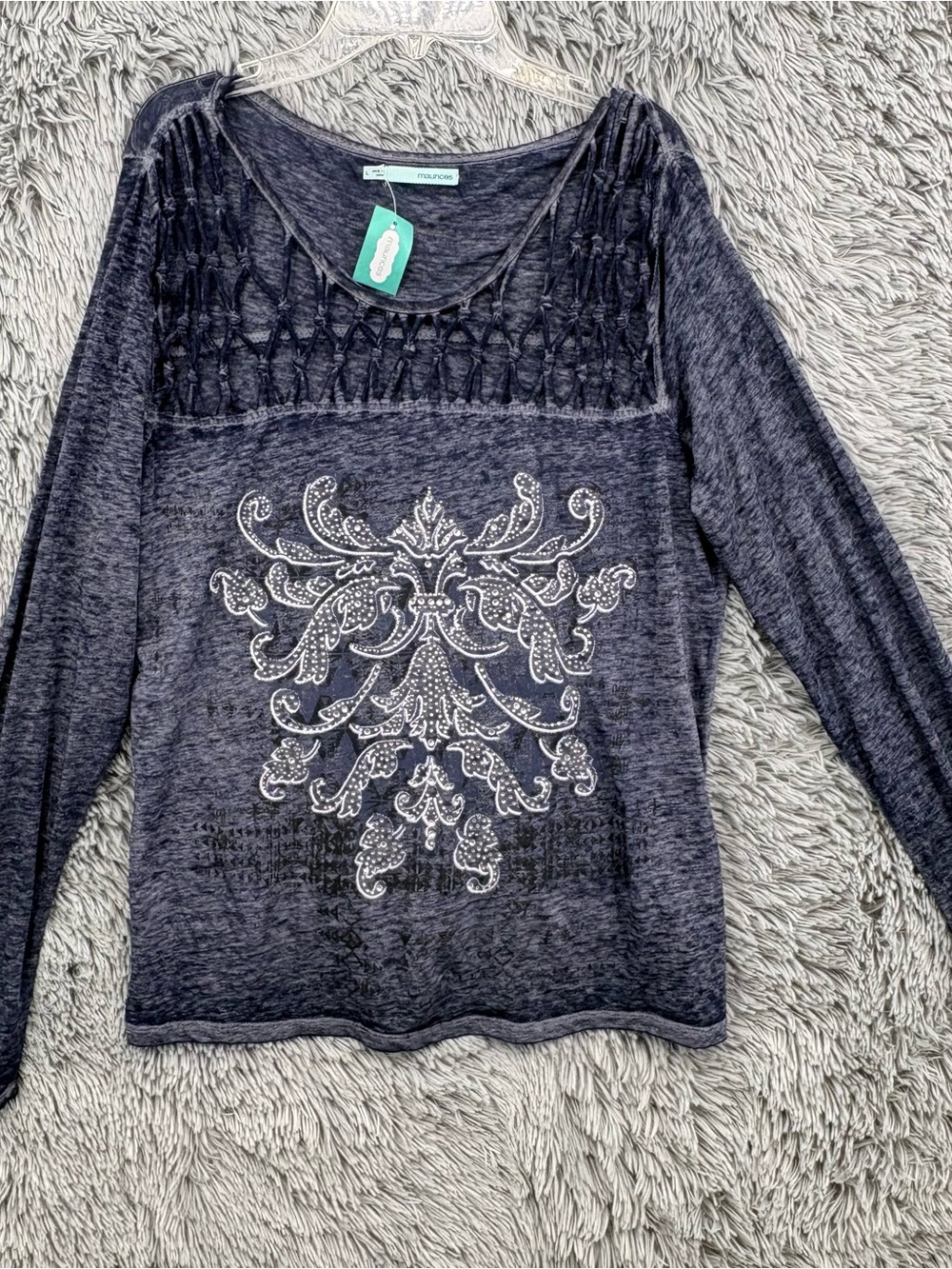 Maurices Shirt Womens Large NWT Woven Lattice Blue Burnwashed Baroque Graphic - Picture 2 of 10